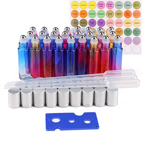 25 Pack Essential Oil Roller Bottles, 10ml Gradient Color Roll on Bottles with Stainless Steel Roller Balls for Essential Oils (3 Dropper, 1 Bottle Sticker, 1 Opener)