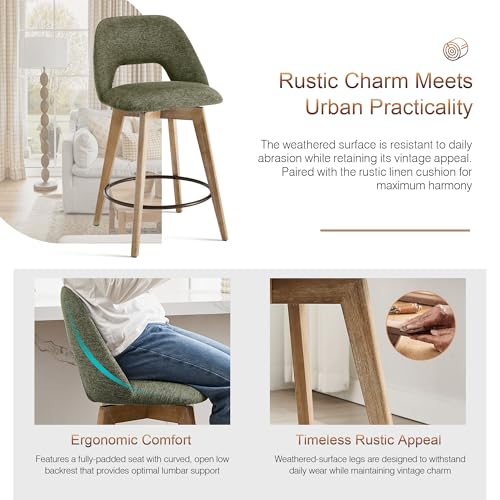 Image of Zesthouse Swivel Farmhouse Bar Stools Set of 4, 26 inch Modern Counter Stools with Open Back & Natural Wood Legs, Upholstered Linen Fabric Counter Height Barstools, High Chairs for Island Kitchen, Green
