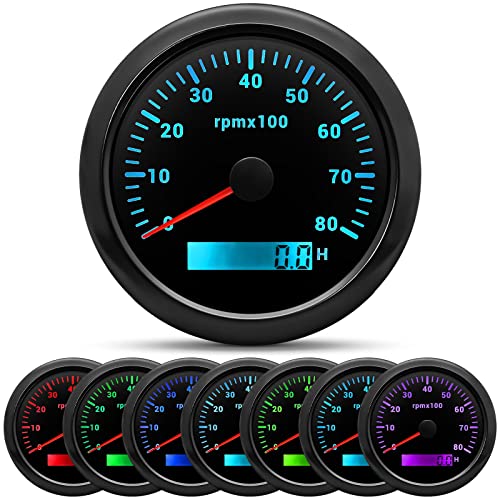 ARTILAURA Tachometer Boat Tacometro 85mm 3-3/8 7 Color LED 8000 RPM Gauge for Car AUTO Marine Truck 9-32V (Black)