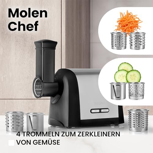 Bild 5 - ZEEGMA Molen Chef Elektrischer Fleischwolf, 1900 W mit 3 Schleifplatten aus Edelstahl, 3 kg/min, Wurstfüller, Kubbe, Zerkleinern, Schneiden, REV-Funktion, Zubehör-Set, Spezialgeräte (Silber)