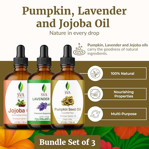 Image of SVA Pumpkin Seed, Lavender, and Jojoba Oil 4 oz Bundle Super Saver Combo - Value Set for Hair Oiling, Scalp Massage, Hair Care, Skin Care and Body Massage