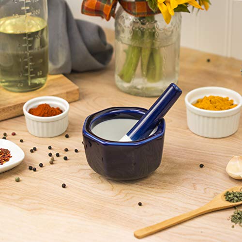 HIC Octagonal Mortar and Pestle Spice Herb Grinder Pill Crusher, Fine-Quality Porcelain, Cobalt