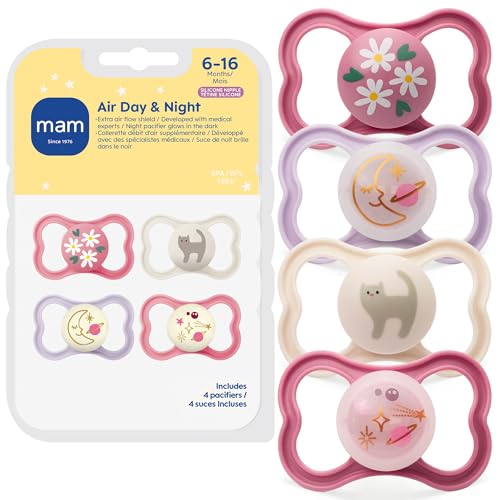 Image of MAM Air Pacifier for Babies 6-16 Months, Extra Air Flow for Sensitive Skin, Glows in The Dark, Developed with Medical Experts, BPA-Free Skin Soft Silicone, 4 Count, Made in Europe