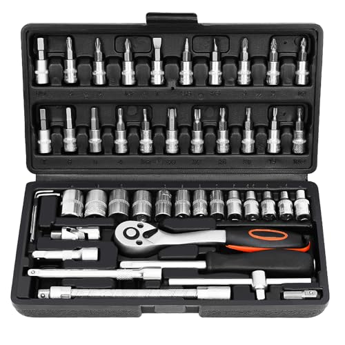 46 Piezas Juego de Llaves de Vaso, Herramientas Taller Mecanico Kit con Llave de Trinquete de 1/4', para Automoción, Taller de Maquinaria