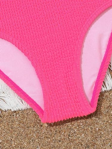 Image of MakeMeChic Girl's One Piece Bathing Suits Solid Scoop Neck Smocked Swimsuits Swimwear Hot Pink 9Y