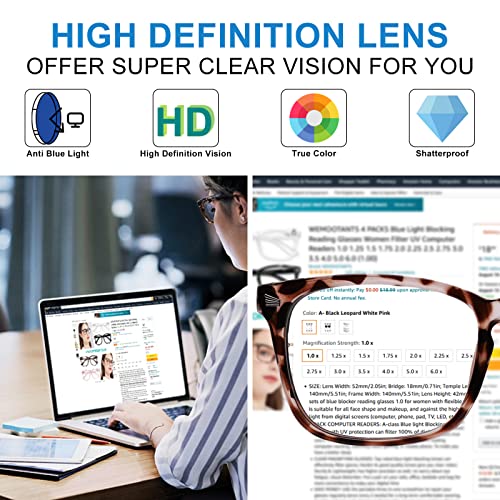 Image of 4 PACKS Blue Light Blocking Reading Glasses Women 1.0 1.25 1.5 1.75 2.0 2.25 2.5 2.75 3.0 3.5 4.0 5.0 6.0