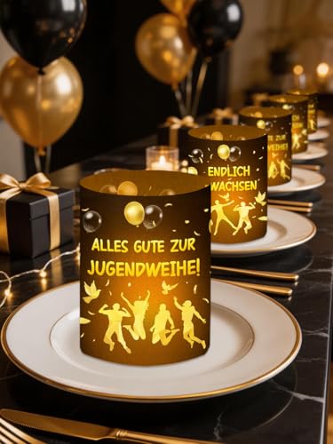 20 Stück Servietten Jugendweihe + 12 Stück Windlicht + 120 Konfetti, Jugendweihe Deko Mädchen Junge, Tischdeko Schwarz Gold Party Deko Geschenke Gastgeschenk, Servietten 33x33cm