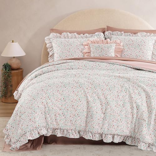 BLOOMHAVEN Full Comforter Set - 7 Pieces Ruffle Pink Ditzy Bedding Sets, Shabby Chic Farmhouse Bed in a Bag Full with Floral Comforter, Sheets, Pillowcases & Shams