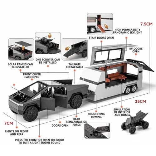 Image of DREAMY DEN Tesla Cybertruck with Pickup Trailer | 1:32 Scale Luxury Alloy Die-Cast Model Car with Lights & Music | Pull Back Action Toy Car with Trailer