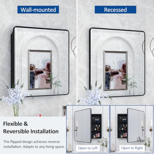 Image of ACEMIRO 30x32 Inch Bathroom Medicine Cabinet with Mirror Black Metal Framed Mirror Cabinet Recessed or Surface Wall Mounted Medicine Cabinets for Bathroom