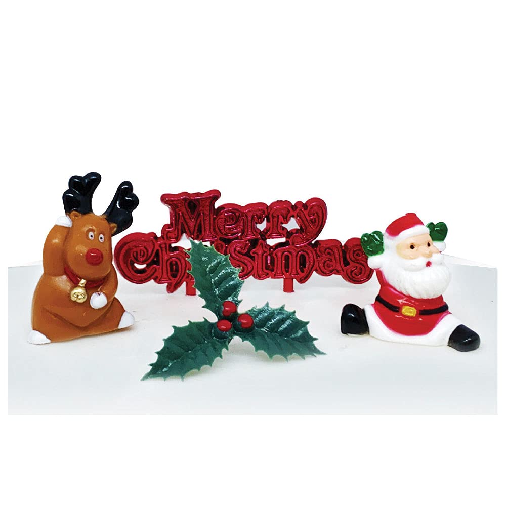 Anniversary House 4pcs Cheerful Christmas Scene Decorating Kit - Cake Decorations, Cake Toppers, Yule Log Decorations, Traditional Non-Edible Decor, BX352 UK
