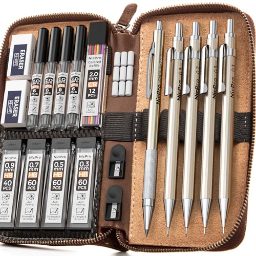 Nicpro 5 Stück Druckbleistifte Set, Metall Druckbleistift für Kunst Skizze Zeichnen mit Lederetui, Breite 0,3 & 0,5 & 0,7 & 0,9 & 2 mm Ersatzminen(4B 2B HB 2H)(Schwarz&Farben) Radiergummis, Spitzer