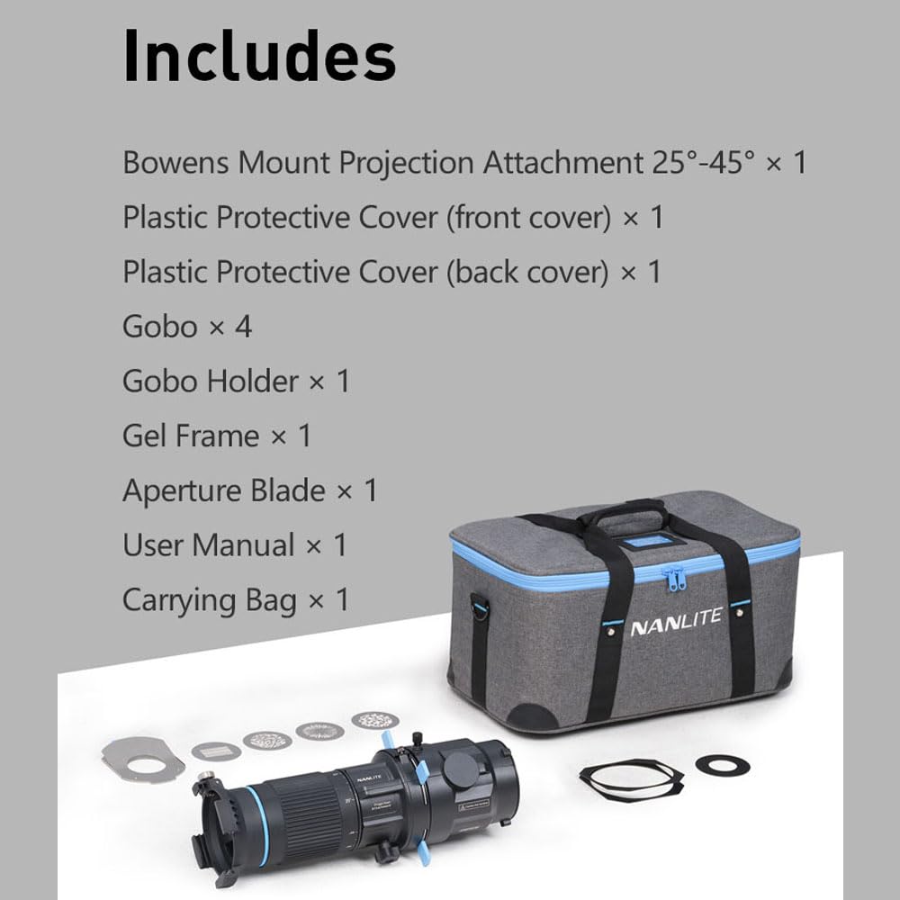 NANLITE Bowens Mount Projektionsaufsatz 25°-45° Optical Snoot Fotografie Kit Objektivmodifikator für Aputure Amaran 100DS/XS 200XS/DS 300C/DII/X 60D/XS Godox SL60 Nanlite Forza/FC/FS Series Light