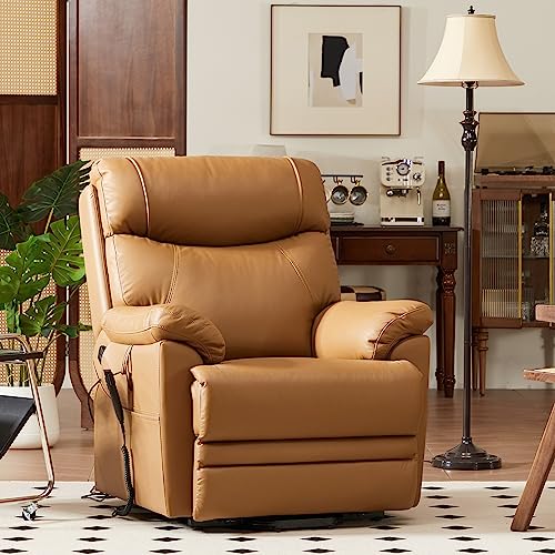 Dynox Genuine Leather Lift Chair For Elderly With Heating And Massage, Dual Motor Lay Flat Power Lift Recliner, Infinited Adjust For Back And Footrest(Yellow Brown) #TOP5