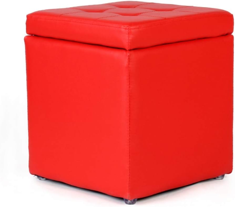 Uare Storage Ottoman, candy Colors Tufted Footstool With Flipping Lid Cute Padded Seat Footrest Faux Leather-Red 12x12x14 inches