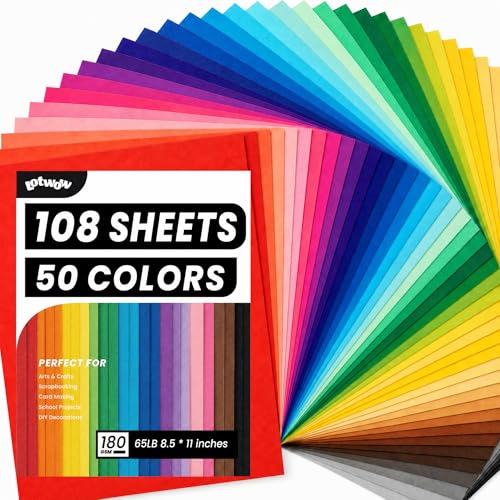 108 Sheets Colored Cardstock 8.5 X 11 50 Assorted Colors 180GSM/65LB Construction Paper Card Stock Printer Paper for DIY Crafts Printing Scrapbooking Party Decorations Art Supplies