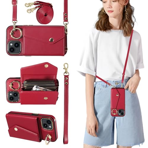 S. Tedazo Crossbody Wallet Case for iPhone 15 with Strap, 360° Rotating Ring Kickstand & Card Holder RFID Blocking, Leather Purse Case for iPhone 15(6.1 inch, Red)