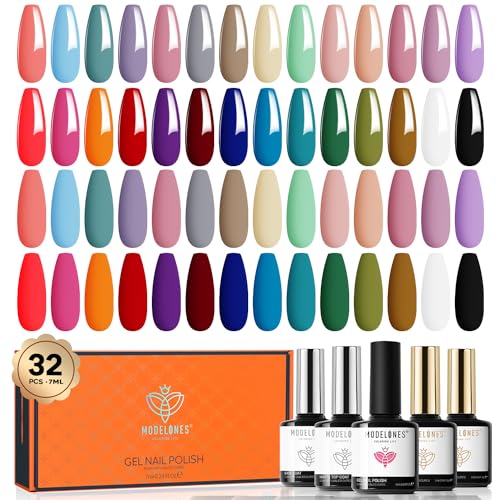 Modelones Vernis Semi Permanent 32Pcs,28 Couleurs Orange Marron Rouge Violet Vernis à Ongles Gel Semi Permanent avec Nail Primer, Base et 2 Brillant&amp;Matt Top Coat,UV Gel pour Printemps et L'été,7ML