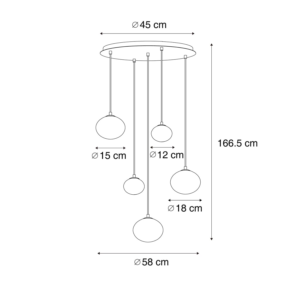 Qazqa Esstisch Modern Pendelleuchte, Pendellampe - Jia - Schwarz mit Rauchglas, Rund, 5-flammig, 58cm, Ideal als Esszimmerlampe und