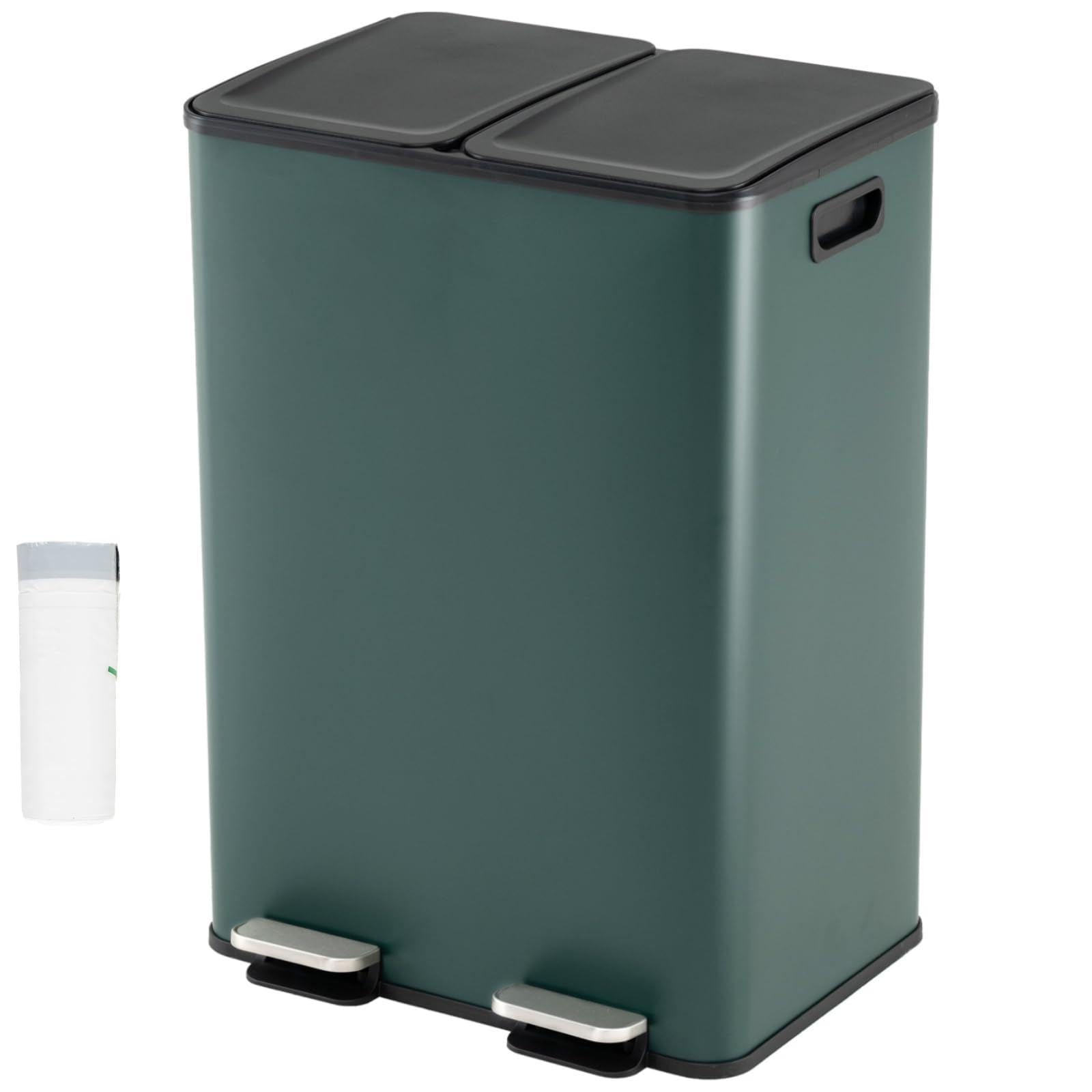 TANGZON 2x30L Recycling Pedal Bin, Double Kitchen Waste Bin with Plastic Inner Bucket, Soft Closure & Deodorant Boxes, Fingerprint Proof Airtight Stainless Steel Trash Can (Dark Green with Trash Bags)