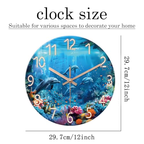Image of XFM Blue Ocean Wall Clock 12 Inch Beach Themed Dolphin | Battery Operated Tropical Nautical Modern Glass Decorative for Living Room Bedroom Kitchen Office Silent Non Ticking