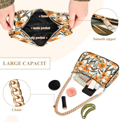 Clutch Shoulder Bags Tote Evening Purse Handbags for Women Orange Floral Flowers Hobo Bags with Zipper Closure4