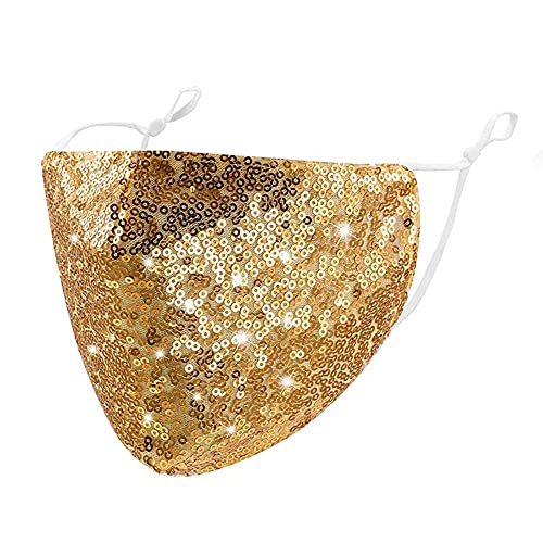 Image of Sparkly Sequins Mouth Masc Fashion Designer Glitter Cotton Face Cover With Adjustable Ear Loops Reusable Masquerade Party Nightclub Rave Festival Sequins Face Covering (Gold)