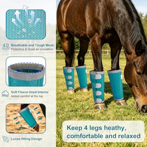 Image of Reflective Horse Fly Boots Set of 4, Loose Fitting Leggings for Horses, Equine Fly Leg Wraps Socks for 4 Legs, Breathable Adjustable and Universal Fit, Reliable Stay Put and on (Turquoise)