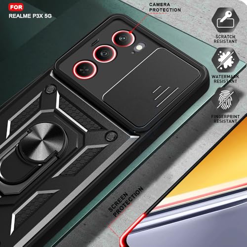 Image of AESTMO Tough Armor Realme P3x 5G Bumper Back Case Cover | Ring Holder & Sliding Camera Shield Cover | 360 Degree Protection Back Case Cover for Realme P3x 5G (Black)