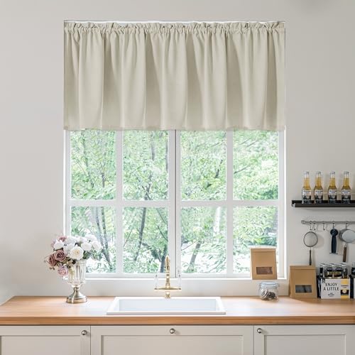 Image of FMFUNCTEX 100% Blackout Valance Curtains for Bedroom, Cream Textured Kitchen Window Curtains 18 Inch Length Thermal Insulated Curtains for Living Room, Rod Pocket Drapes Room Darkening 1 Panel