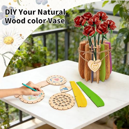 Image of Wooden Vase Compatible for Lego Flowers Bouquet, 3D Wooden Puzzle Vase with Lego Botanicals, Roses, Sunflowers, Tulips, Cherry Blossoms, Daffodils, Lotus