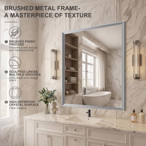 Image of DESBING 36 inchx40 inch Silver Bathroom Mirrors for Over Sink | Tempered Glass, Metal Frame, Rectangle Vanity Wall Mirror for Bathroom, Living Room, Bedroom, Horizontally or Vertically
