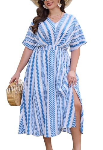 Image of Keluummi Plus Size Summer Wedding Guest Maxi Dresses for Curvy Women, Casual Floral 3 /4 Sleeve Emipre Waist V Neck Long Dress