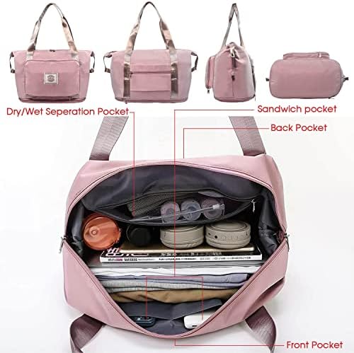 Macl Large Capacity Folding Travel Bag,Portable Travel Lightweight Waterproof Oxford Duffel Fabric Bag,Dry&Wet Separation Overnight Shoulder Bag,Carry Luggage Bag for Expandable Weekender Sports, Gym, Vacation (Pink) 3 Macl Large Capacity Folding Travel Bag,Portable Travel Lightweight Waterproof Oxford Duffel Fabric Bag,Dry&Wet Separation Overnight Shoulder Bag,Carry Luggage Bag for Expandable Weekender Sports, Gym, Vacation (Pink)