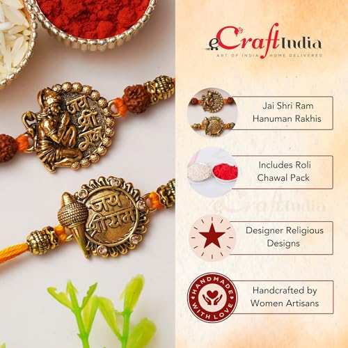 Image of eCraftIndia Set of 2 Jai Shri Ram with Mace and Lord Hanuman Religious Rakhis, Best Bro Ever Fridge Magnet with Roli Chawal Pack - Rakhis for Brother, Bhabhi, Kids