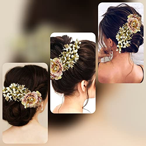 Image of Hair Flare Artificial Peony Flower with Pearl Hair Comb Slide, Hair Juda Bun Accessories, Side Hair Pin for Girls & Women, Peach, 2216