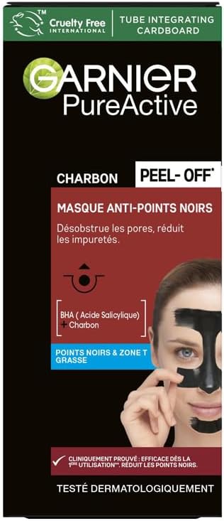 GARNIER Skin Active – Masque Peel-Off Anti-Comédons – Réduit Pores & Impuretés – Charbon & Acide Salicylique – Vegan & Cruelty Free – Zone T – Peau Grasse à Imperfection – 50 ml