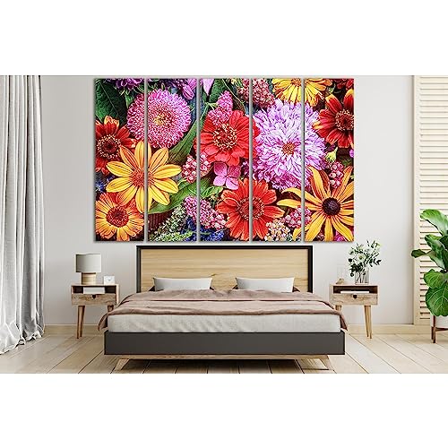 Impression sur toile fleurs d'été colorées arc-en-ciel ZELLART 5 panneaux 115x75cm