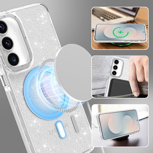 Image of Magnetic Case for Samsung Galaxy S25 FE 5G [Compatible with Magsafe] [Bling Glitter Fluorescent Design] [1 Screen Protector] Slim Translucent Matte Case for Galaxy S25 FE 5G 6.7 inch, White
