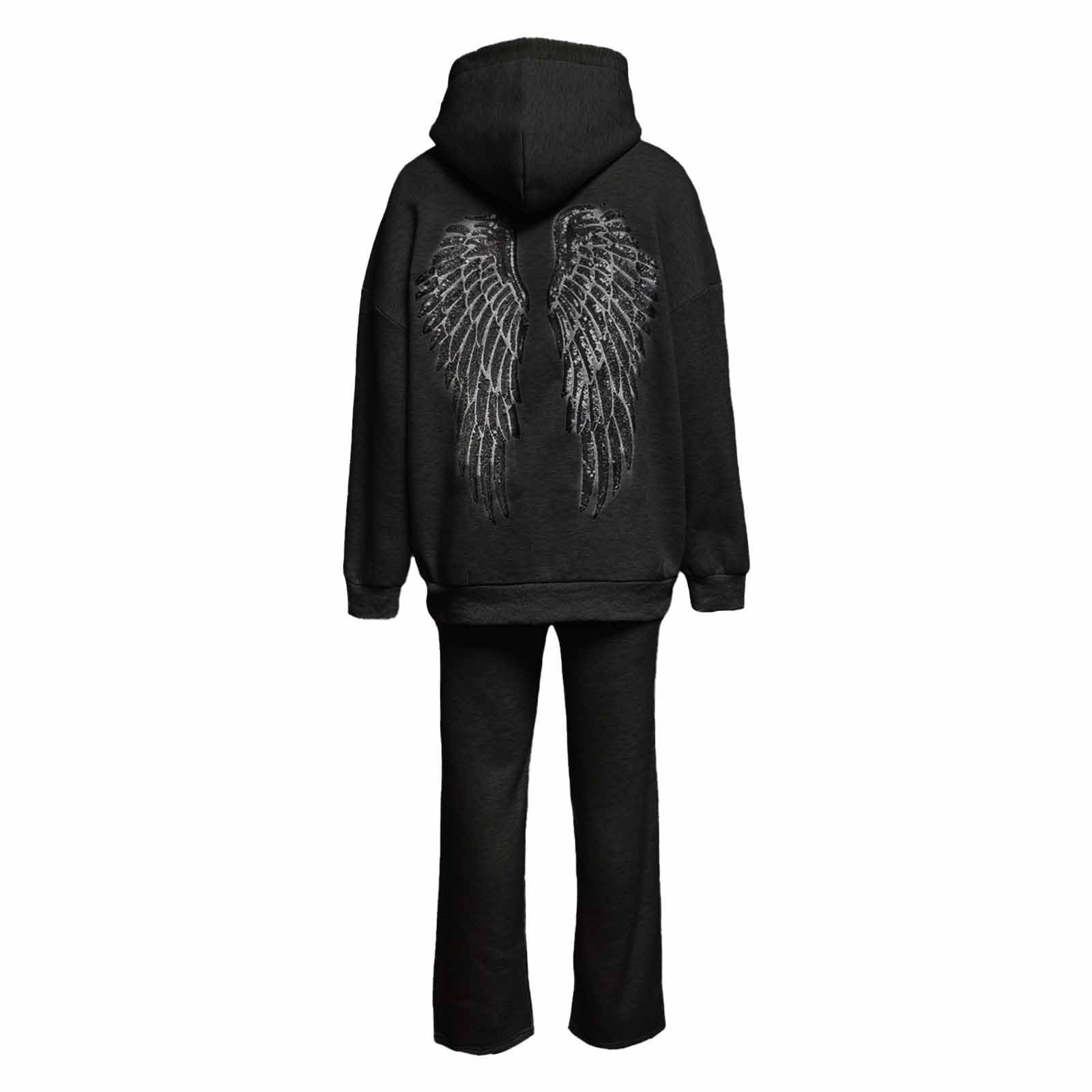 Generisch Tuta da jogging da donna, set di tuta da jogging con ali di angelo, con cappuccio e pantaloni da jogging in due pezzi, tinta unita, elegante e morbida tuta sportiva Y2k