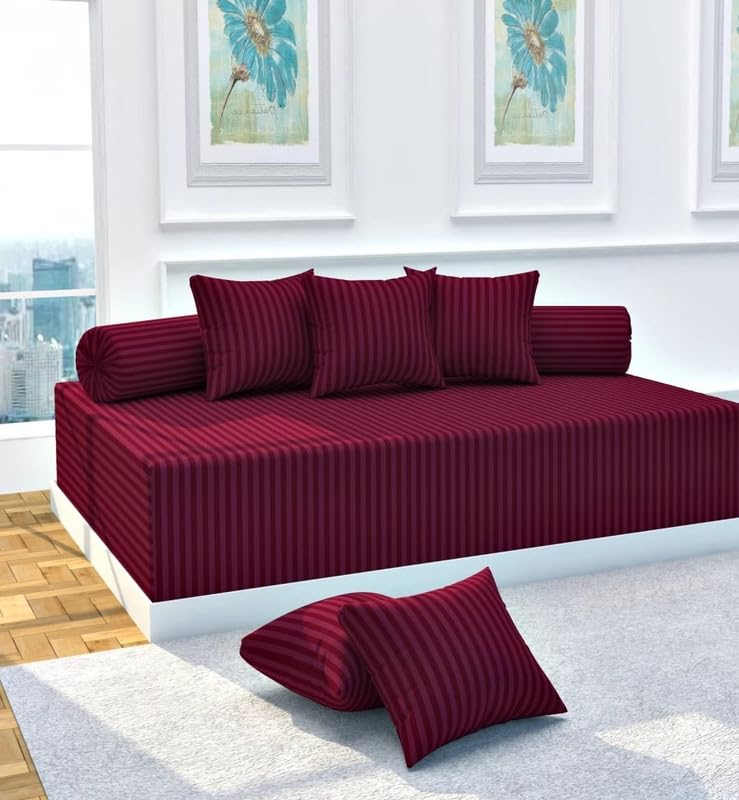 Jyotaksh Satin Stripe Diwan Set for Living Room, Guest Room Glace Cotton, Set of 8 Pieces (Size (60x90) Inch 1 Single Bedsheet, 5 Cushion Covers, 2 Bolster Covers) Maroon-image-29