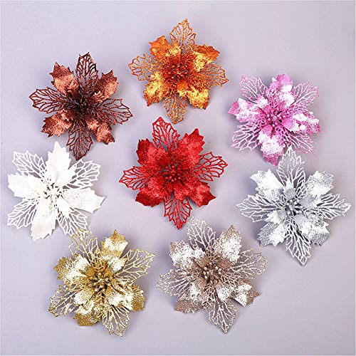GLITZFAS 12 stuks glitter kerstboomdecoratie, kerstboomversiering ornament Kerstmis bloemendecoratie, kerstboomhanger (wit, 9 cm) - Image 4