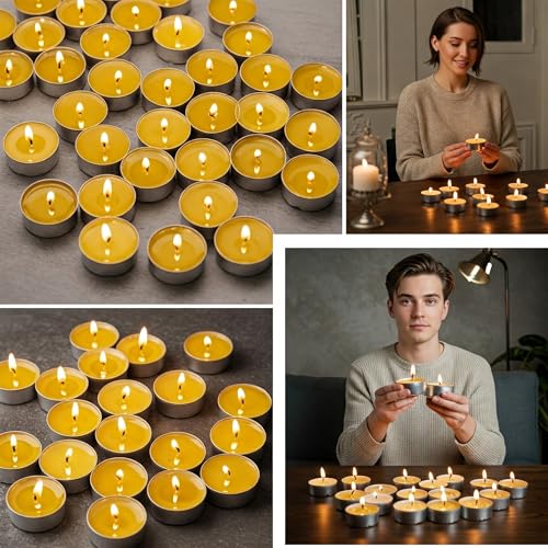 Image of Unscented Tea Light Candles | Soy Wax Blend Long-Lasting with Cotton Wick | Perfect for Home Decor, Parties, Weddings, and More | Set of 100 (Yellow)