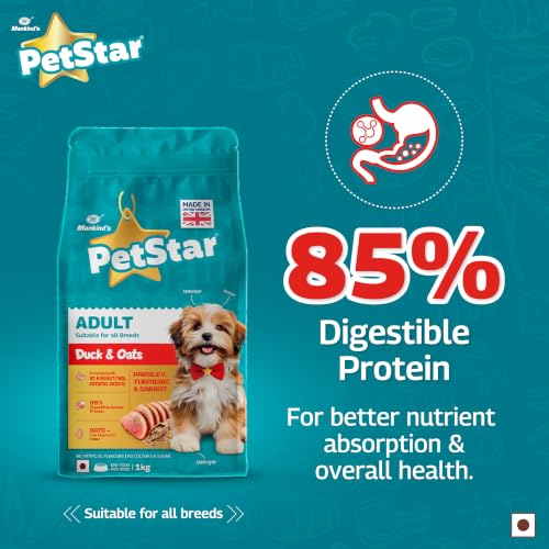 Image of Petstar Adult Dry Dog Food 10 kg, Duck & Oats, High Protein, Easy Digestion, Immunity Support, No Artificial Flavours or Added Sugar