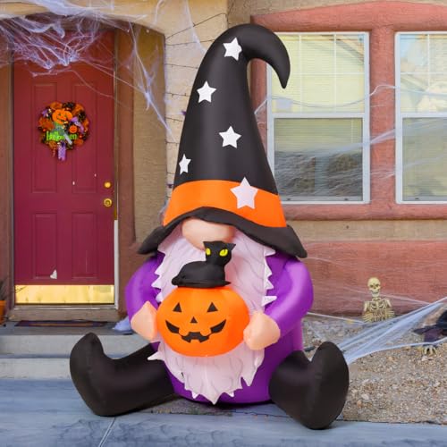 Image of GOOSH 5 FT Halloween Gnomes Inflatables Outdoor Decorations, Gnome with Pumpkin Blow Up Yard Decorations Built-in LED Lights for Halloween Outdoor Decoration