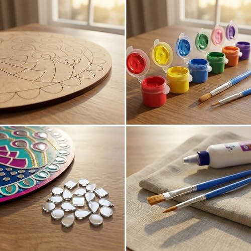 Image of HOBBY INDIA Lippan Art and Craft Materials Kit for Adults and Beginners I Premarked MDF Board Mandala Art Painting DIY Kit for Room Wall Hanging Office and Home Decoration (Peacock)