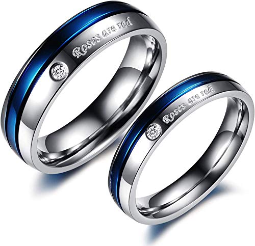 Rockyu ジュエリー チタン ペアリング レディース ブランド 人気 おしゃれ 刻印 CZ ジルコニア 結婚 指輪 シンプルファッション ブルー青 一粒 ダイヤ リング 記念日 婚約式 プレゼント