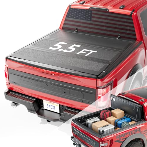 SKEXI Low Profile Tonneau Cover Truck Bed for Ford F150 5.5 ft (67.1") 2015-2026, Fully Folded Vertical Clearance Hard Flip Fold Locking Drill-Free Install Waterproof Fiberglass Anti-Theft Security