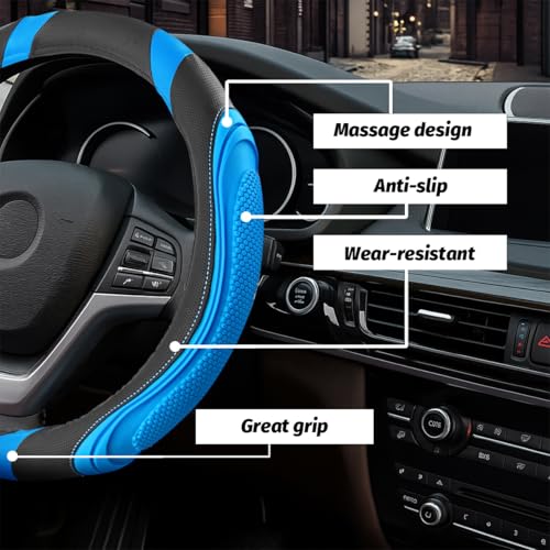 Image of Osilly 15 Inch Car Leather Steering Wheel Cover, Automotive Accessories Elastic Breathable Anti-Slip Soft Wheel Protector Fits Men and Women, Suitable for SUVs, Trucks, Vehicles and RVs (Light Blue)
