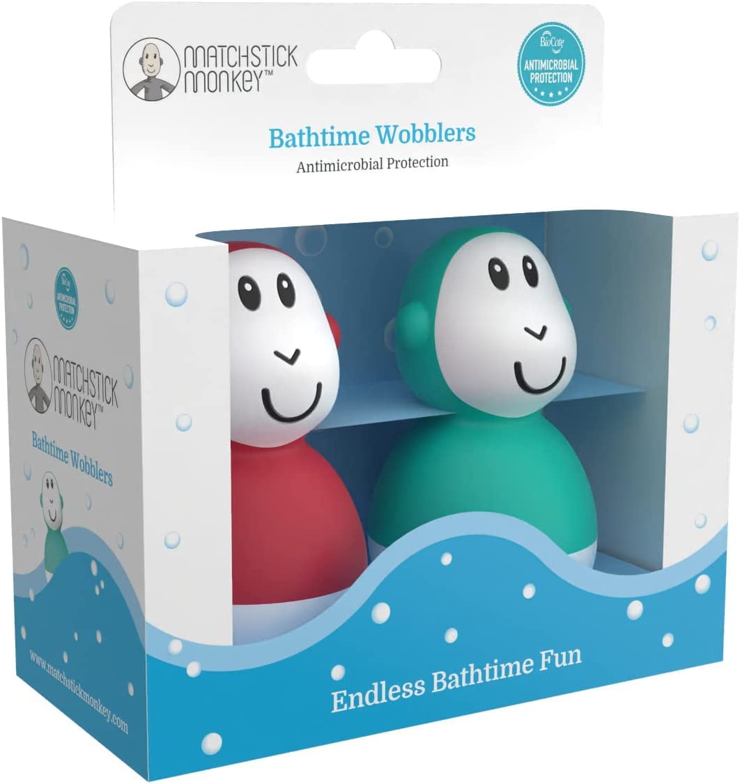 Matchstick MonkeyBathtime Wobblers, Baby Bath Toy Protected w/Biocote to Keep Fresh & Clean, Easy to Grip, Sensory Learning - 2 Wobblers, 6 Months Old+, Red & Green